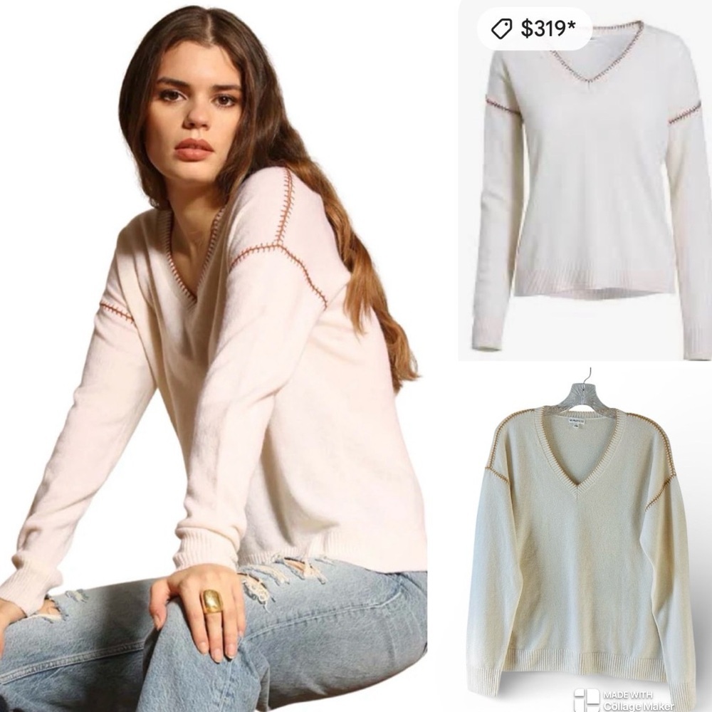 Minnie Rose 100% cashmere Whip Stitch v neck sweater